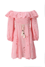 Load image into Gallery viewer, Pink off-shoulder dress with ruffled sleeves on a white background