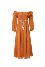 Load image into Gallery viewer, Orange off-shoulder dress with ruffled sleeves on a white background
