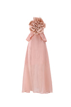 Load image into Gallery viewer, Pink evening gown with a large floral bow on a white background
