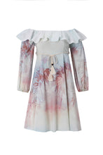 Load image into Gallery viewer, Floral dress with ruffled sleeves on a white background
